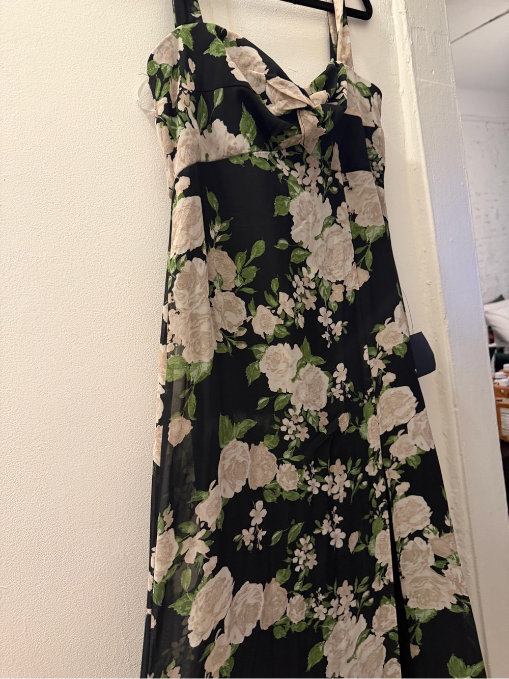 Lulu's Black Maxi Dress with Cream Floral Print and Green Leaves